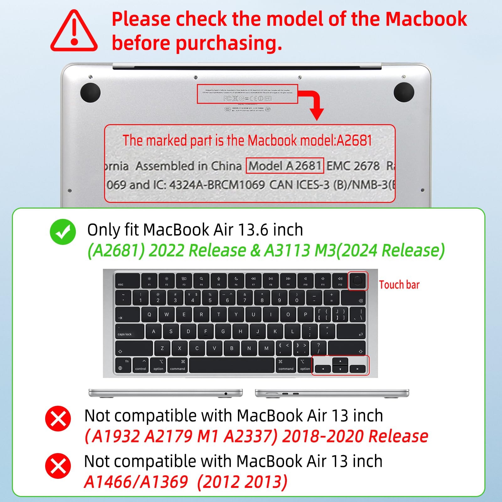 EXCITAT® Husa transparenta rigida pentru MacBook Air 13.6" (modele A2681/A3113/A3240, versiunile M2/M3/M4 2022-2024) - Set inclusiv husa transparenta, folie pentru tastatura (layout european), protectie ecran, compatibil cu Touch ID