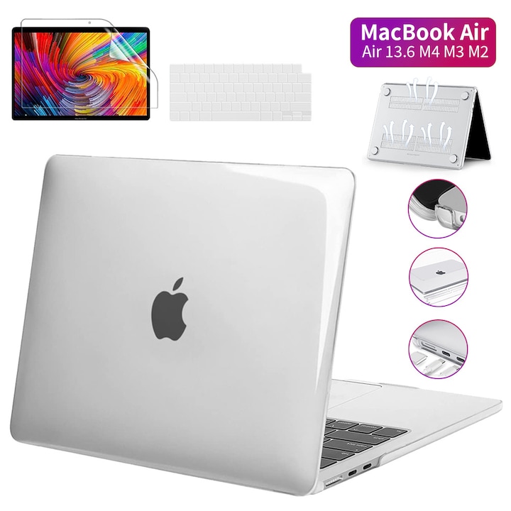 EXCITAT® Husa transparenta rigida pentru MacBook Air 13.6" (modele A2681/A3113/A3240, versiunile M2/M3/M4 2022-2024) - Set inclusiv husa transparenta, folie pentru tastatura (layout european), protectie ecran, compatibil cu Touch ID