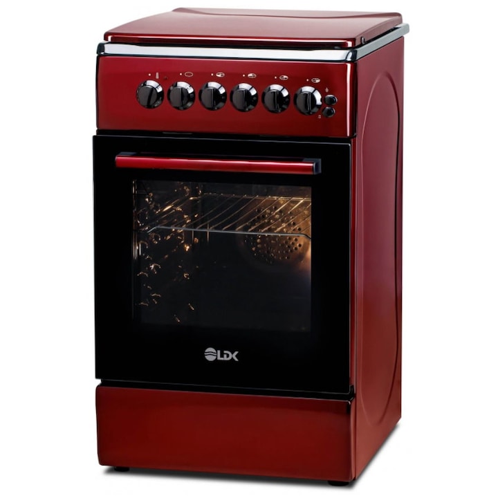 Aragaz LDK 5060 ECAI Bordo RMV, 4 Arzatoare, Siguranta, Cuptor electric, Aprindere, Iluminare, Capac metalic, Bordo