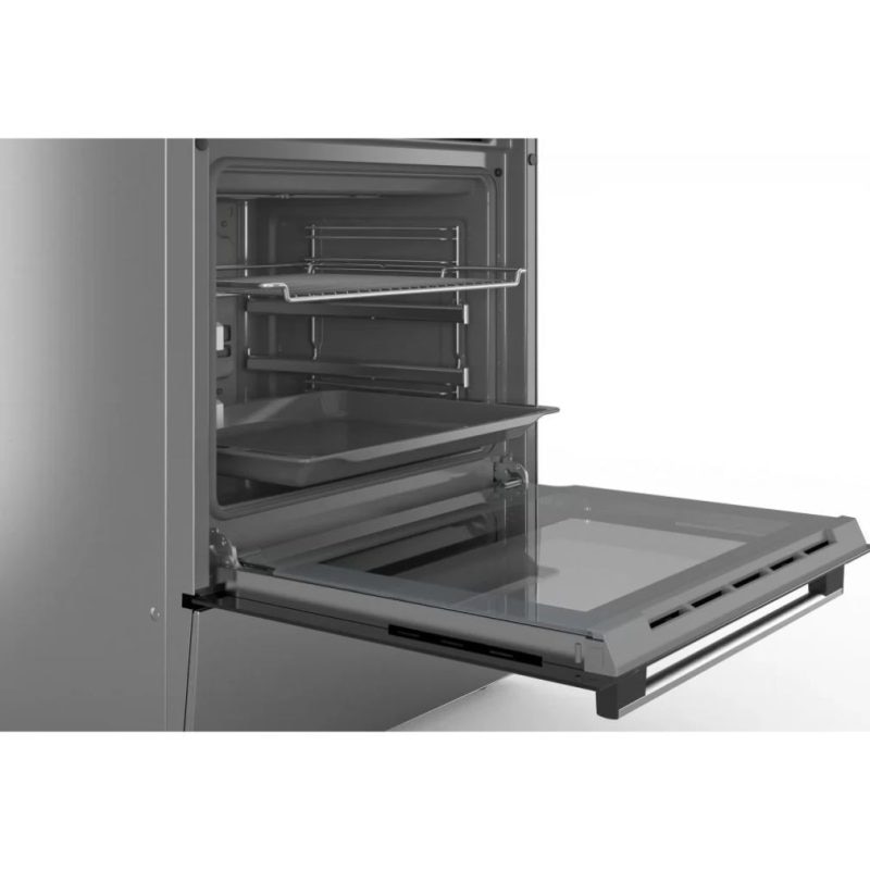 Aragaz Bosch HKR39C250, Electric, Plita vitroceramica, 4 zone gatit , Control electronic, Cuptor electric, 66 L, Grill. Autocuratare EcolClean + hidrolitica, 3D Hotair, 2 suporti telescopici, sertar depozitare, Timer, 60 cm, Inox