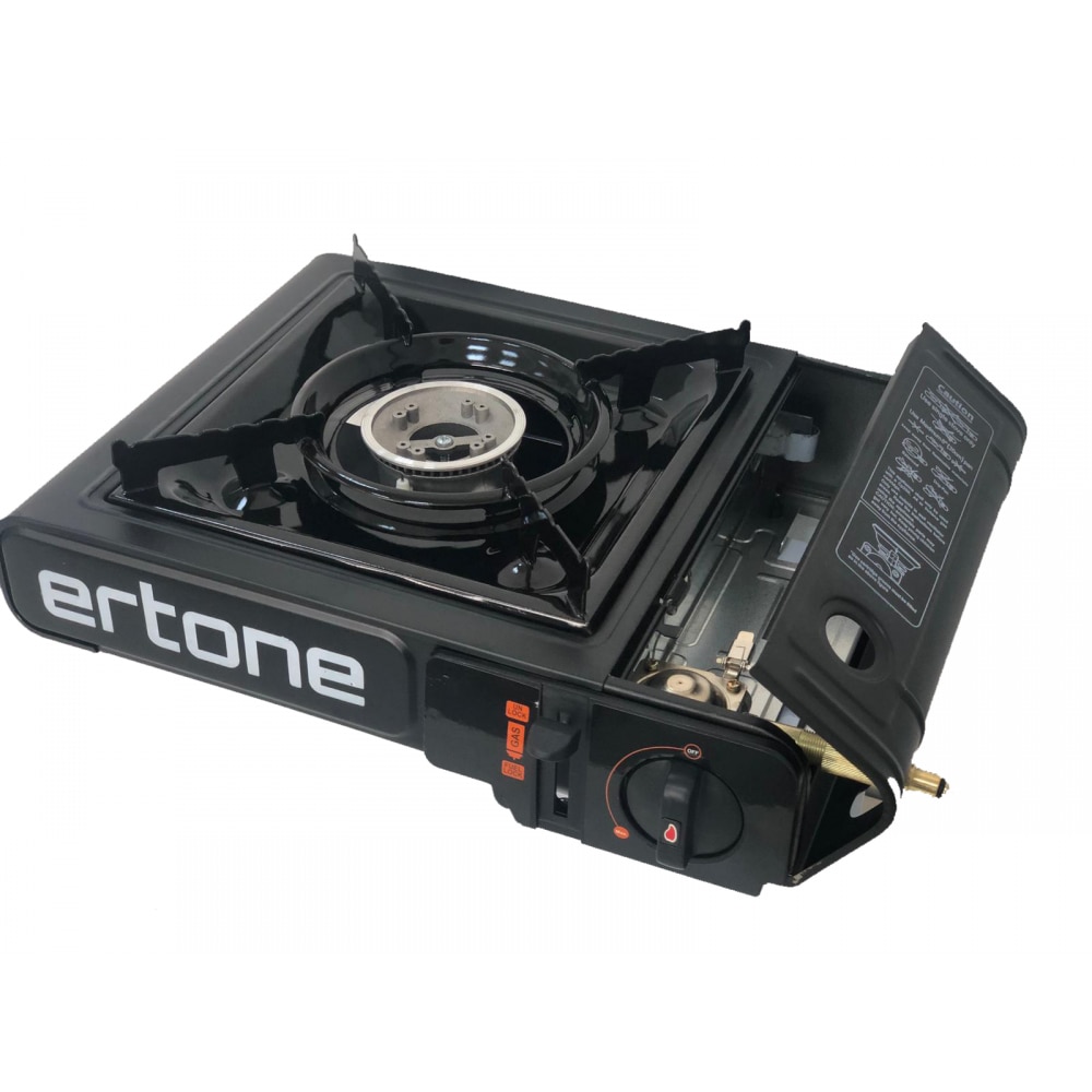 Aragaz portabil 2 in 1 camping Ertone ERT-MN232, Pentru butelie spray si standard, 2.2 kW, Aprindere piezo, Negru