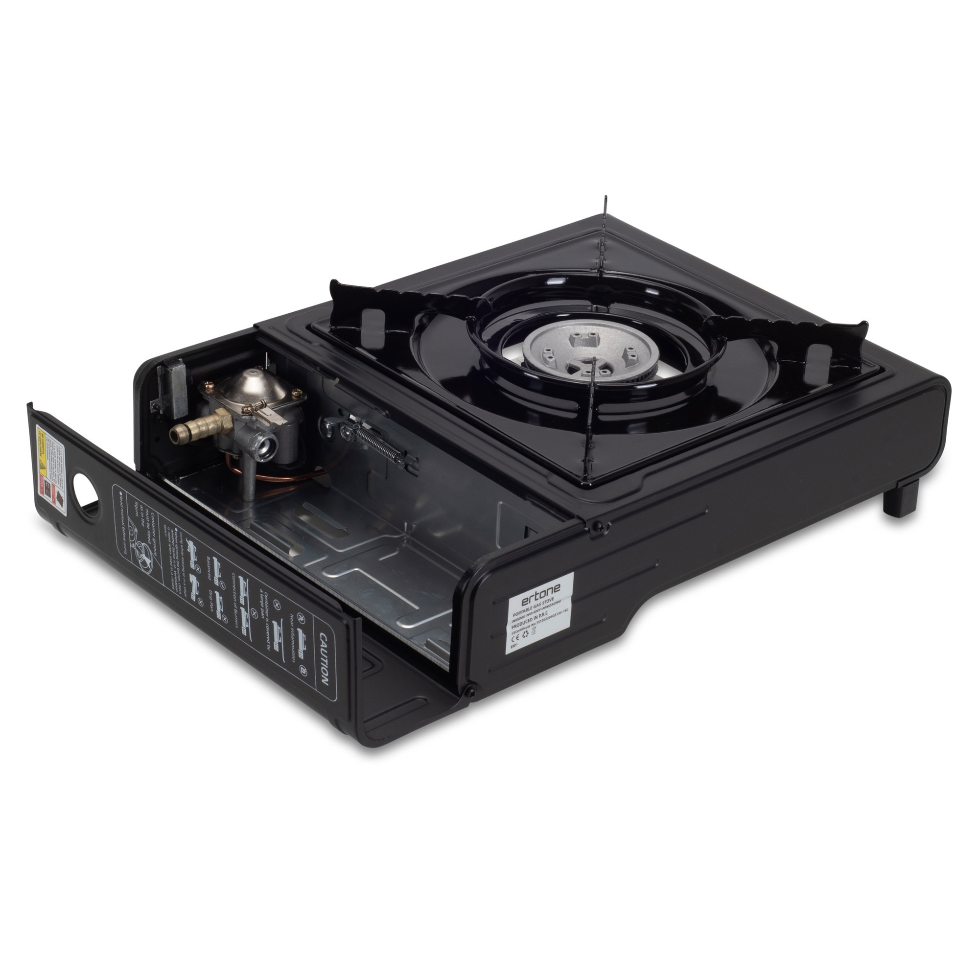 Aragaz portabil 2 in 1 camping Ertone ERT-MN232, Pentru butelie spray si standard, 2.2 kW, Aprindere piezo, Negru