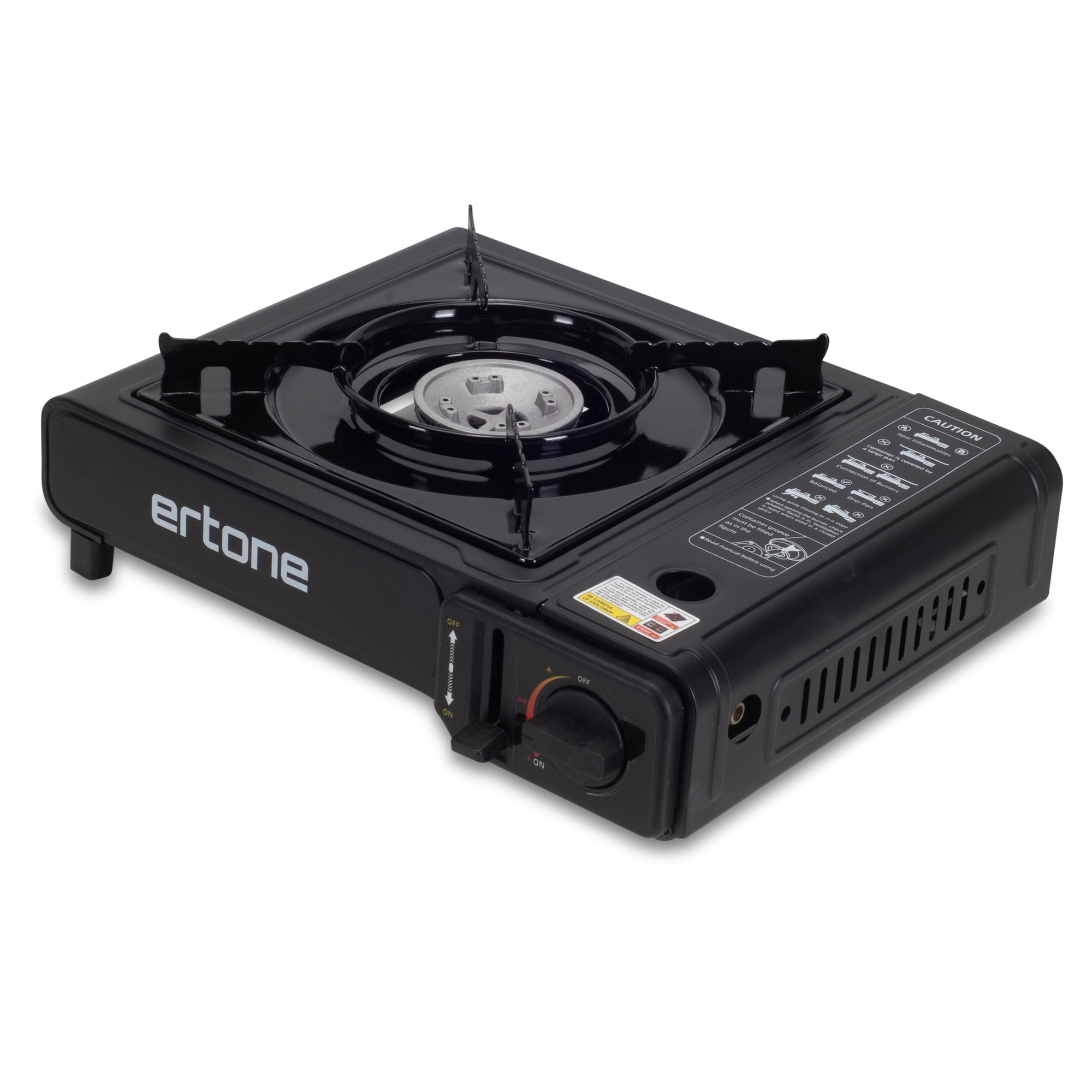 Aragaz portabil 2 in 1 camping Ertone ERT-MN232, Pentru butelie spray si standard, 2.2 kW, Aprindere piezo, Negru