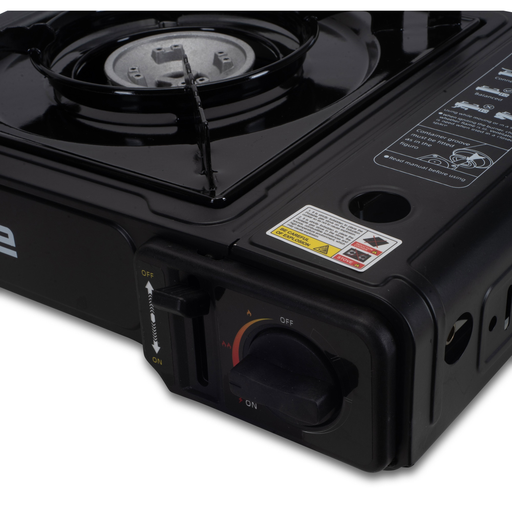 Aragaz portabil 2 in 1 camping Ertone ERT-MN232, Pentru butelie spray si standard, 2.2 kW, Aprindere piezo, Negru