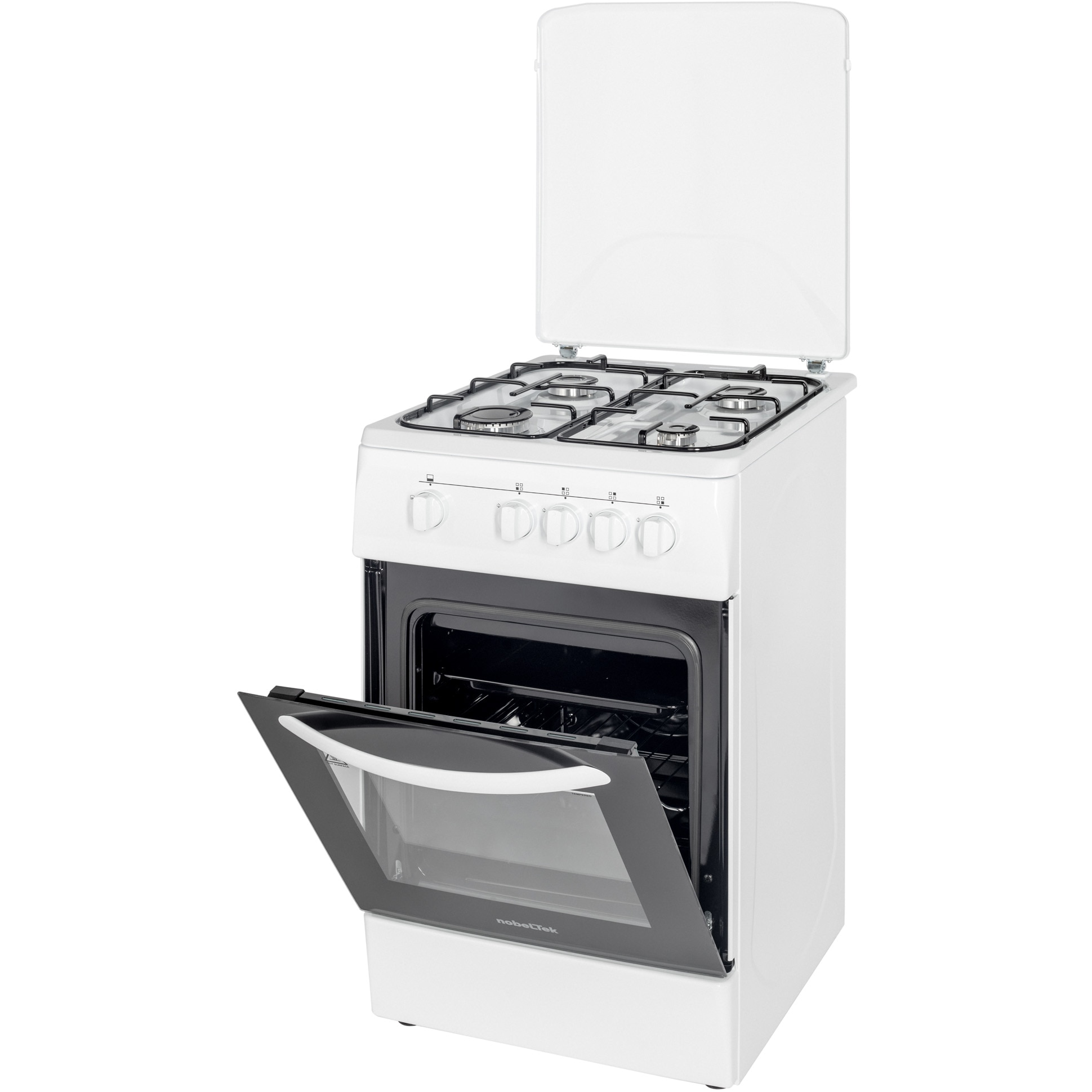 Aragaz Nobeltek NLT 5601A/G1, Gaz, 4 arzatoare, Siguranta plita si cuptor, Echipat cu diuze GPL, Diuze GN de schimb, 50 cm, Alb
