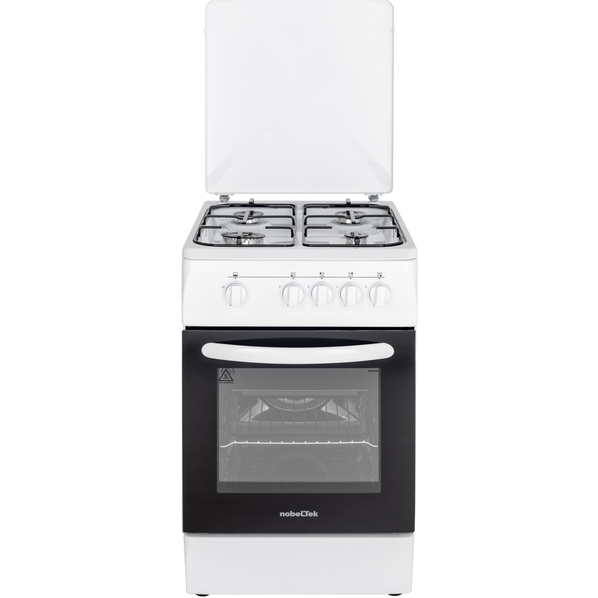 Aragaz Nobeltek NLT 5601A/G1, Gaz, 4 arzatoare, Siguranta plita si cuptor, Echipat cu diuze GPL, Diuze GN de schimb, 50 cm, Alb