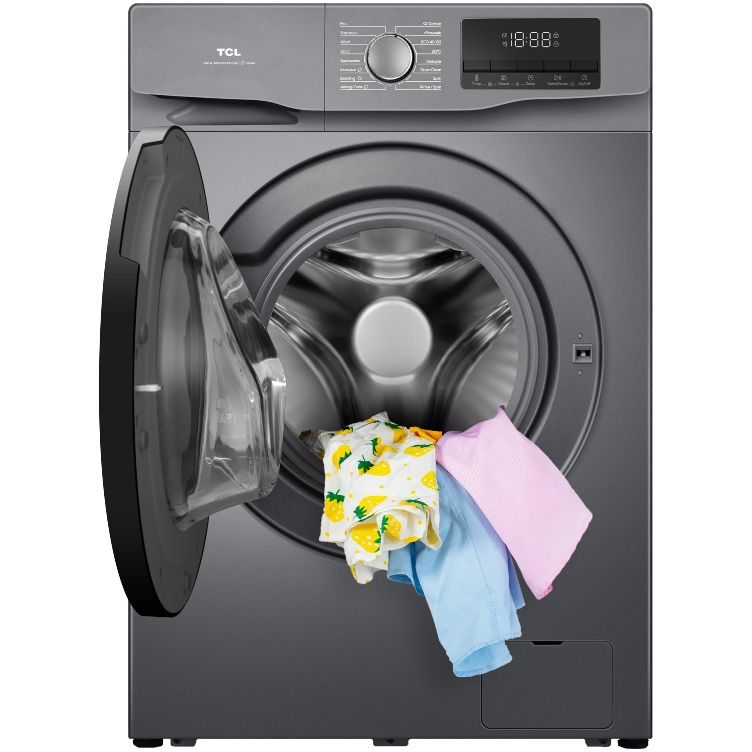 Masina de spalat rufe TCL FF1214SA0, 12 kg, 1400 RPM, Clasa A, Motor Inverter, Steam Wash, Drum Clean, Honeycomb Drum, Add Garment, Argintiu