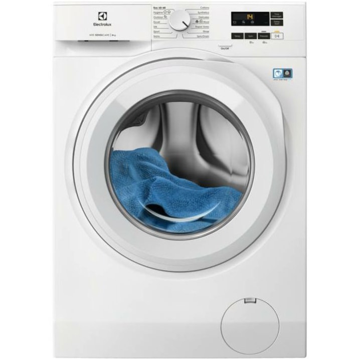 Masina de spalat rufe Electrolux EW6F1481E, 8 kg, 1400 rpm, Clasa A, Motor Inverter cu MagnetPermanent, Display LED, SensiCare, TimeManager, Alb