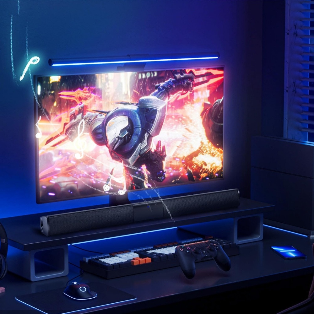 Bara de sunet Bluetooth pentru Smart TV, sistem audio de 55 cm, 20 W cu 4 difuzoare, 6 moduri EQ, sistem audio TV reincarcabil, suporta AUX/SD/FM/RCA/TWS, include telecomanda