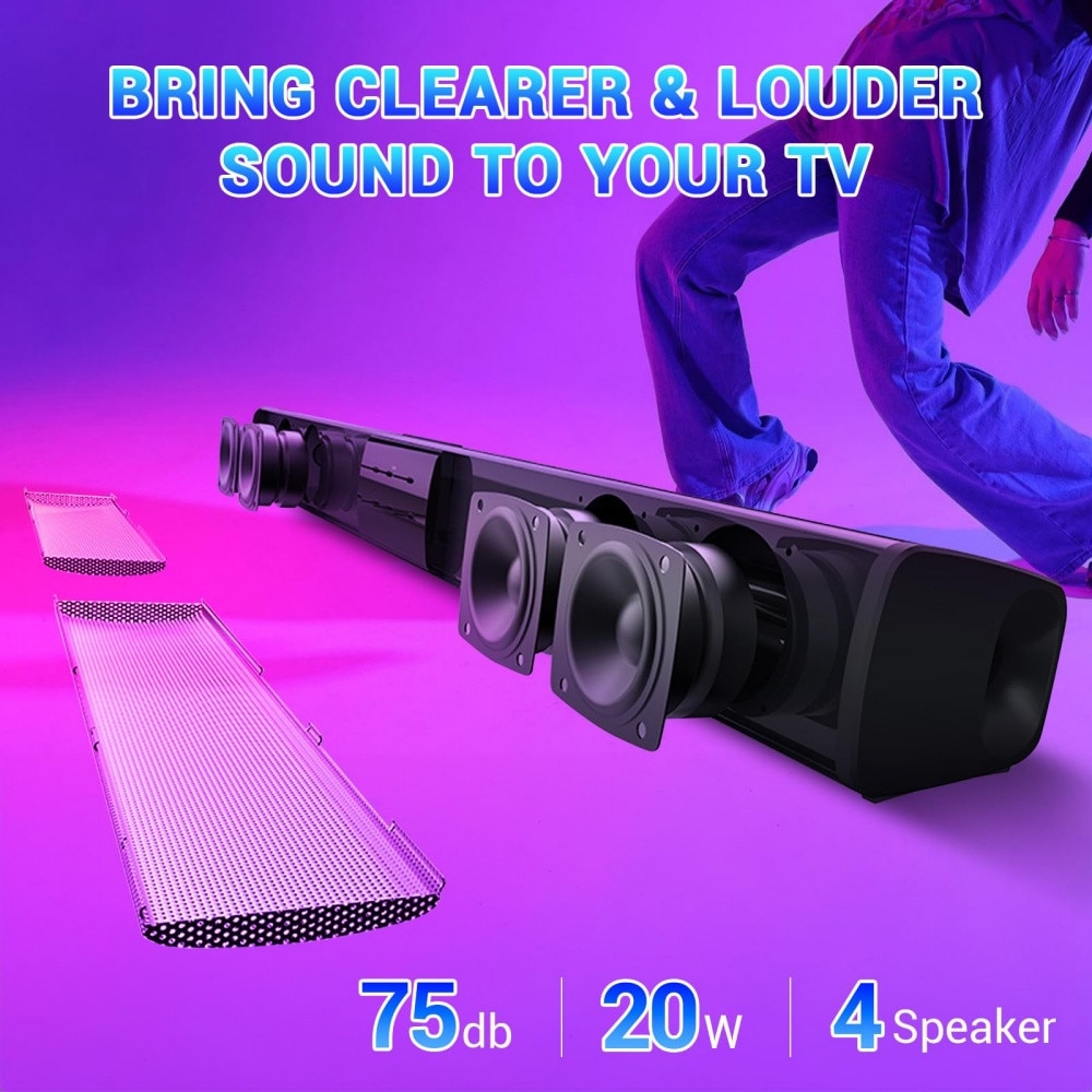 Bara de sunet Bluetooth pentru Smart TV, sistem audio de 55 cm, 20 W cu 4 difuzoare, 6 moduri EQ, sistem audio TV reincarcabil, suporta AUX/SD/FM/RCA/TWS, include telecomanda