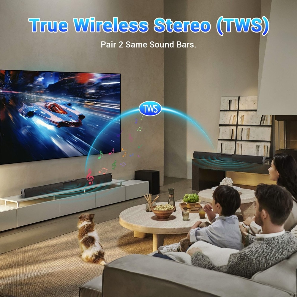 Bara de sunet Bluetooth pentru Smart TV, sistem audio de 55 cm, 20 W cu 4 difuzoare, 6 moduri EQ, sistem audio TV reincarcabil, suporta AUX/SD/FM/RCA/TWS, include telecomanda