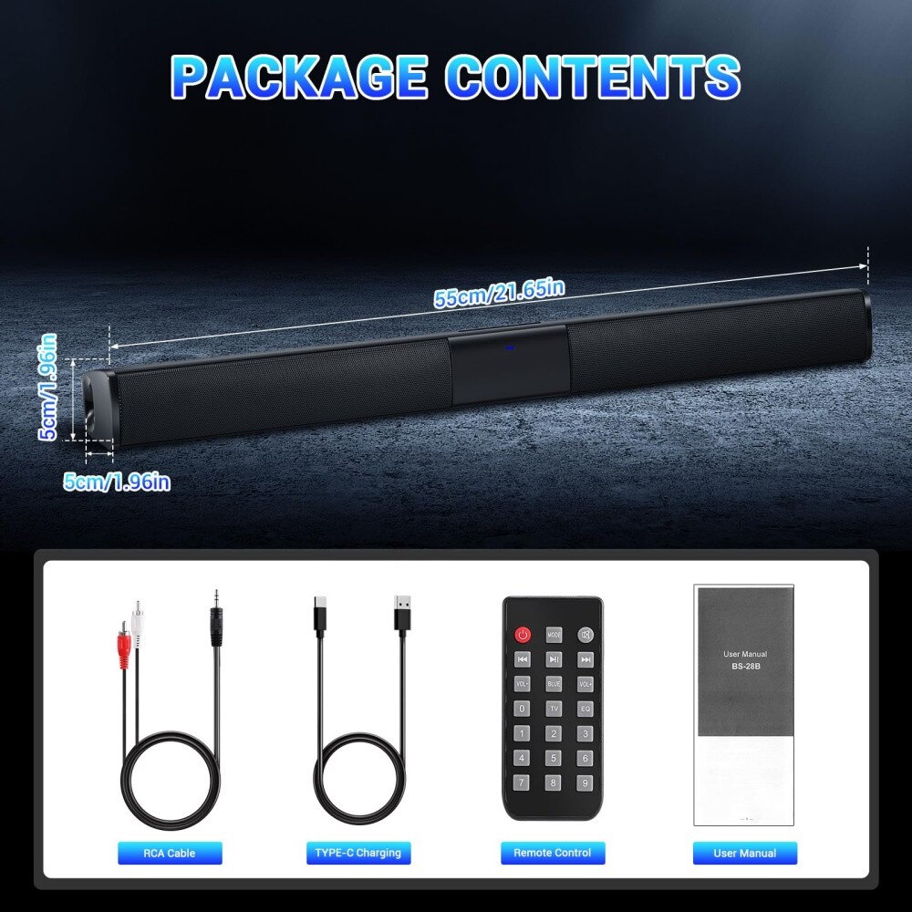 Bara de sunet Bluetooth pentru Smart TV, sistem audio de 55 cm, 20 W cu 4 difuzoare, 6 moduri EQ, sistem audio TV reincarcabil, suporta AUX/SD/FM/RCA/TWS, include telecomanda