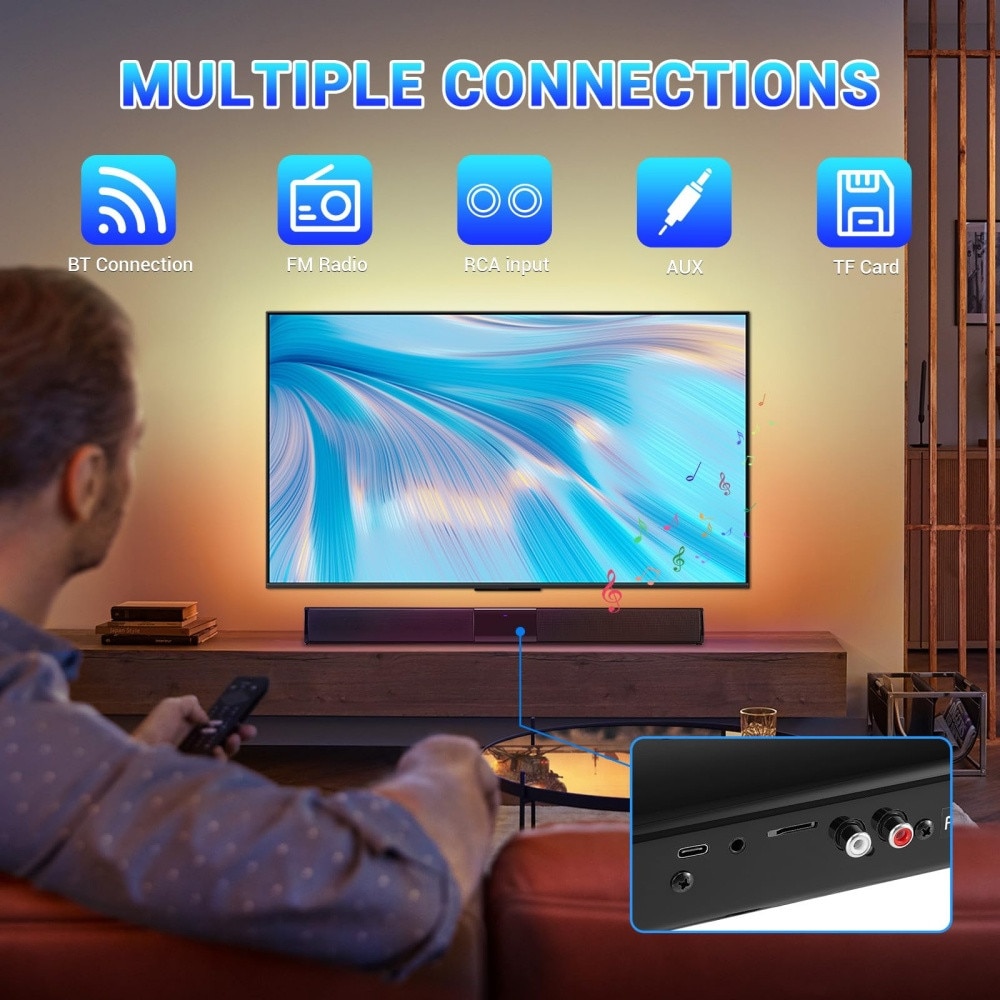 Bara de sunet Bluetooth pentru Smart TV, sistem audio de 55 cm, 20 W cu 4 difuzoare, 6 moduri EQ, sistem audio TV reincarcabil, suporta AUX/SD/FM/RCA/TWS, include telecomanda