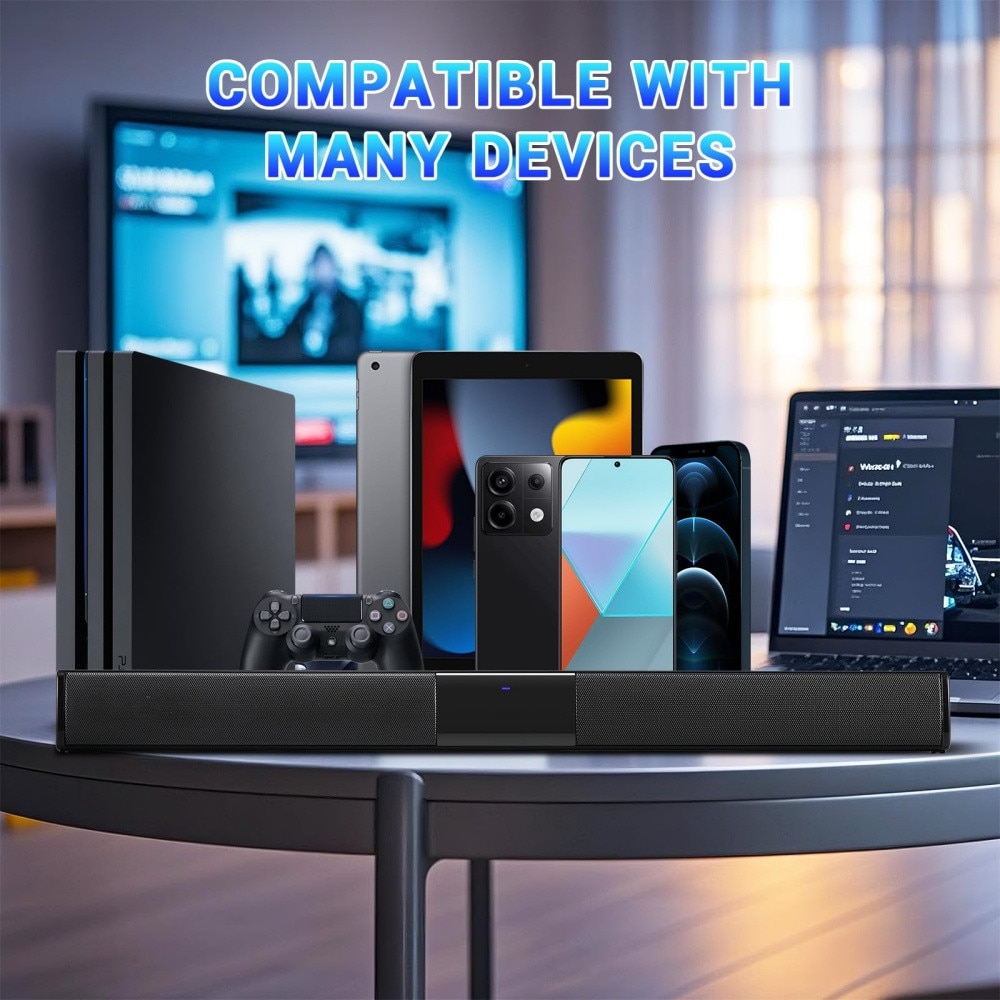 Bara de sunet Bluetooth pentru Smart TV, sistem audio de 55 cm, 20 W cu 4 difuzoare, 6 moduri EQ, sistem audio TV reincarcabil, suporta AUX/SD/FM/RCA/TWS, include telecomanda