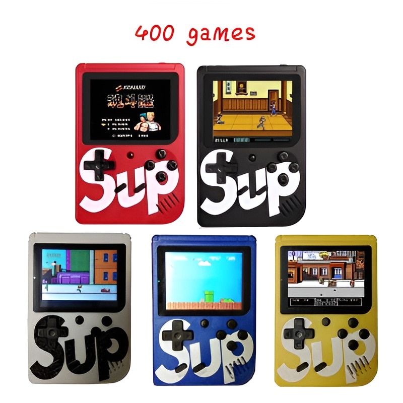 Consola portabila cu 400 jocuri clasice (Mario, Pac-Mac, Contra, etc), portabila ANGMAD, display 2.8 inch, baterie 1050mAh, conectare TV, culoare: galben, varsta min. recomandata 3ani+