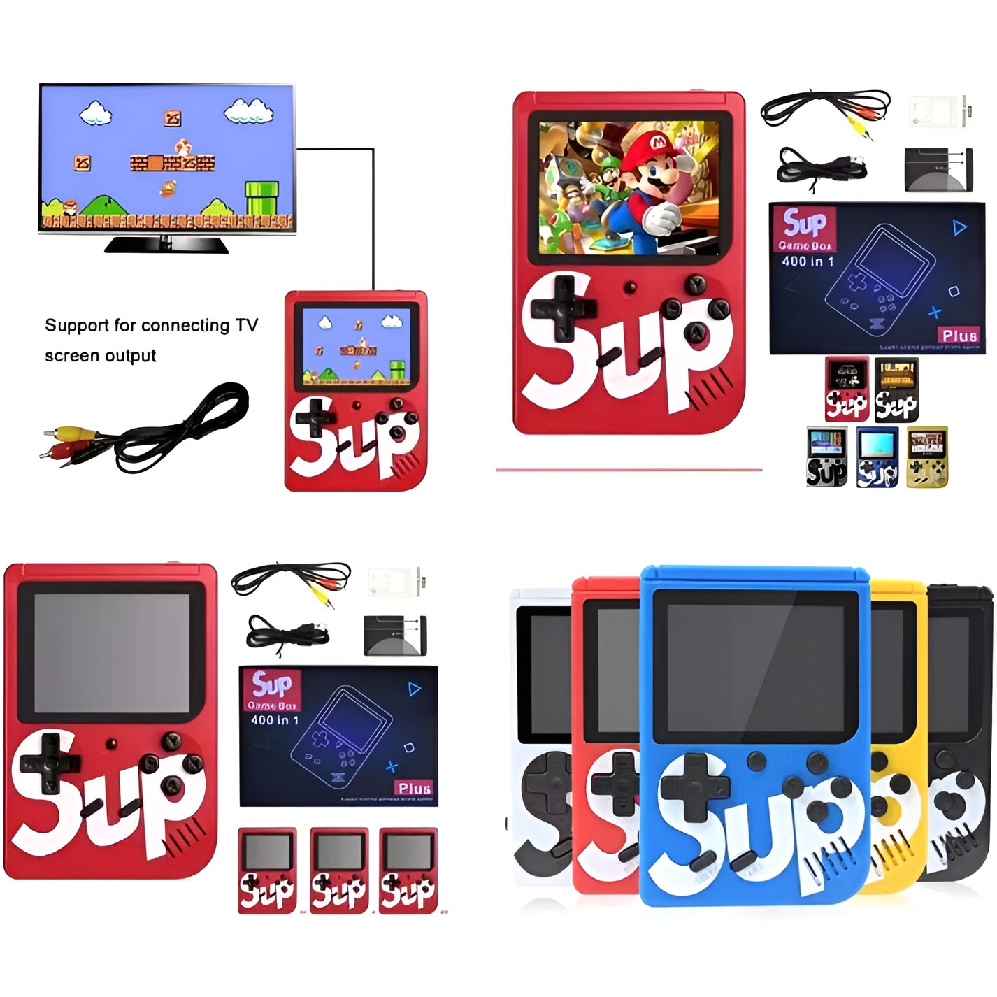 Consola portabila cu 400 jocuri clasice (Mario, Pac-Mac, Contra, etc), portabila ANGMAD, display 2.8 inch, baterie 1050mAh, conectare TV, culoare: galben, varsta min. recomandata 3ani+