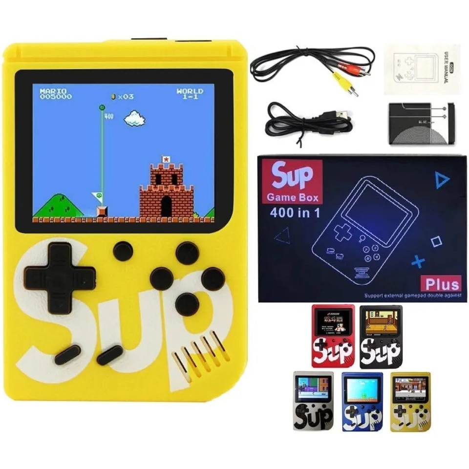 Consola portabila cu 400 jocuri clasice (Mario, Pac-Mac, Contra, etc), portabila ANGMAD, display 2.8 inch, baterie 1050mAh, conectare TV, culoare: galben, varsta min. recomandata 3ani+