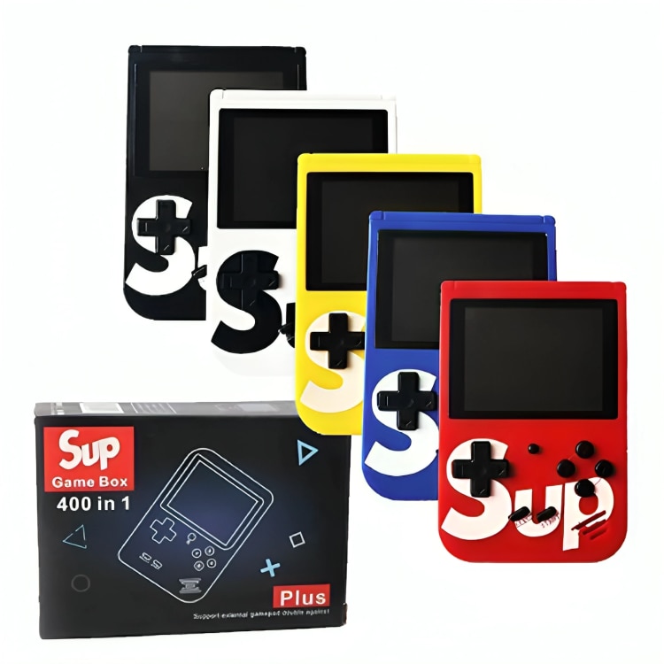 Consola portabila cu 400 jocuri clasice (Mario, Pac-Mac, Contra, etc), portabila ANGMAD, display 2.8 inch, baterie 1050mAh, conectare TV, culoare: galben, varsta min. recomandata 3ani+