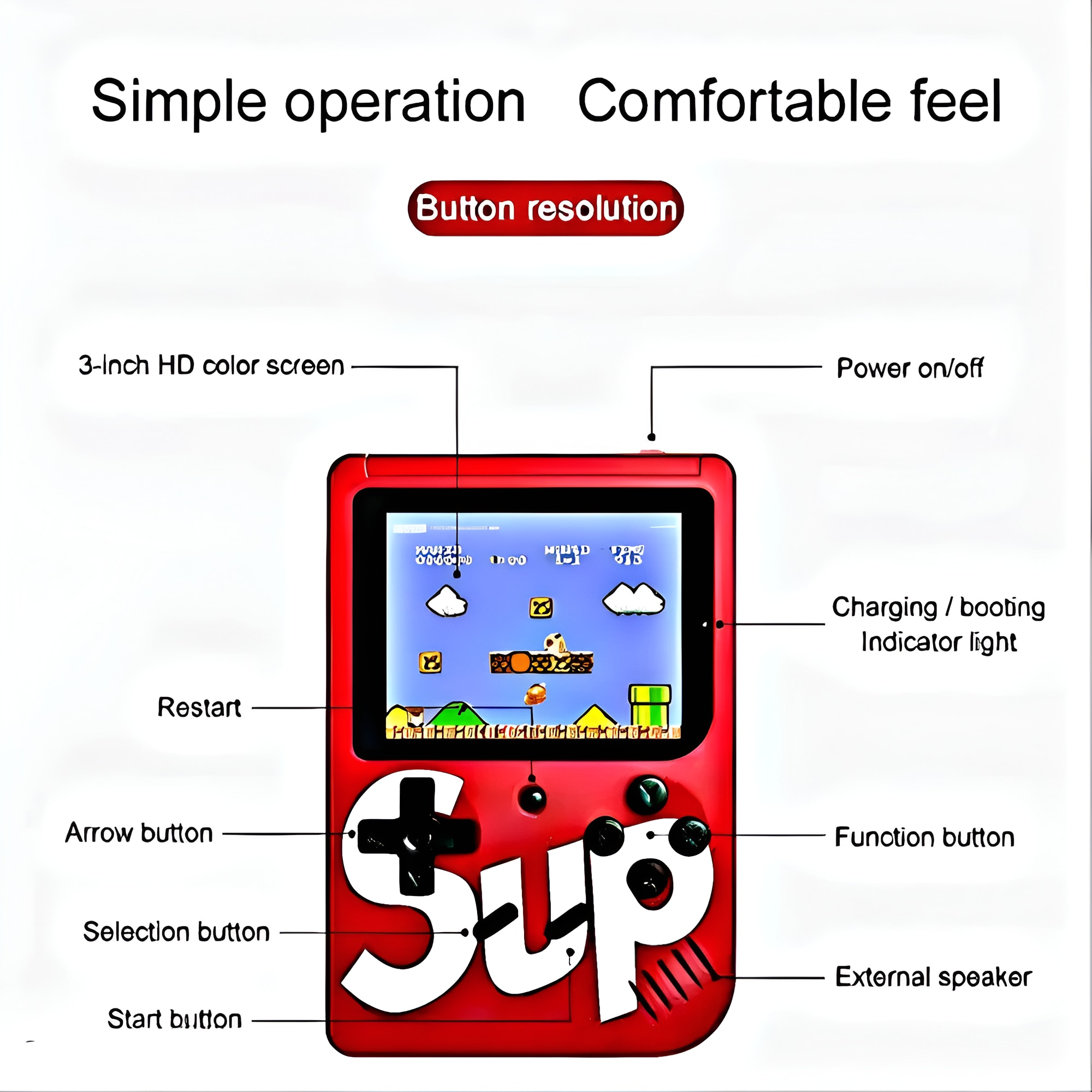 Consola portabila cu 400 jocuri clasice (Mario, Pac-Mac, Contra, etc), portabila ANGMAD, display 2.8 inch, baterie 1050mAh, conectare TV, culoare: galben, varsta min. recomandata 3ani+