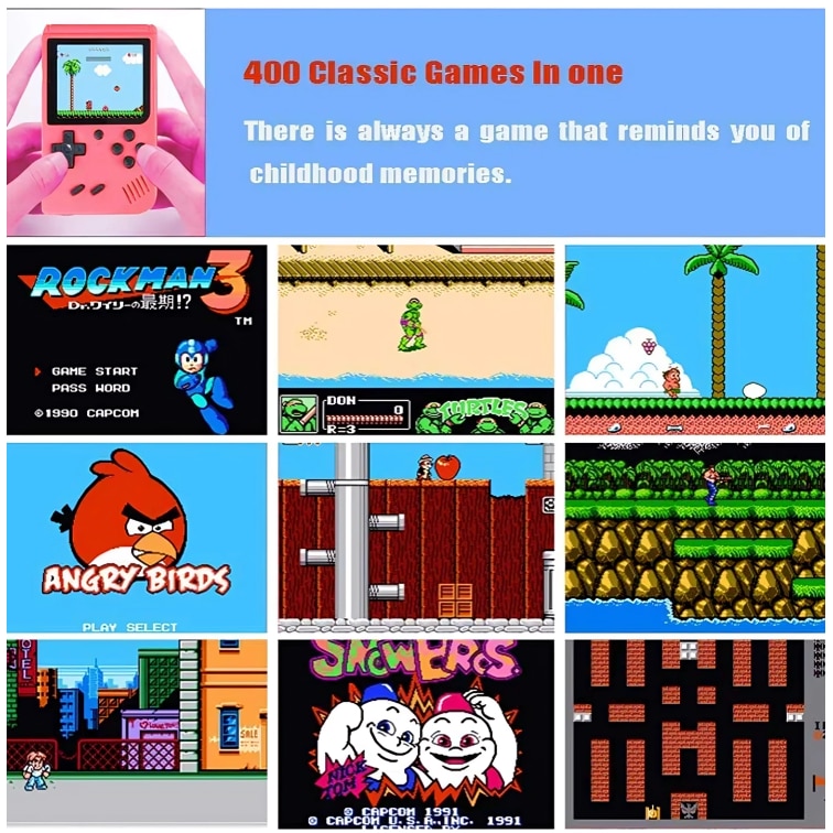 Consola portabila cu 400 jocuri clasice (Mario, Pac-Mac, Contra, etc), portabila ANGMAD, display 2.8 inch, baterie 1050mAh, conectare TV, culoare: galben, varsta min. recomandata 3ani+