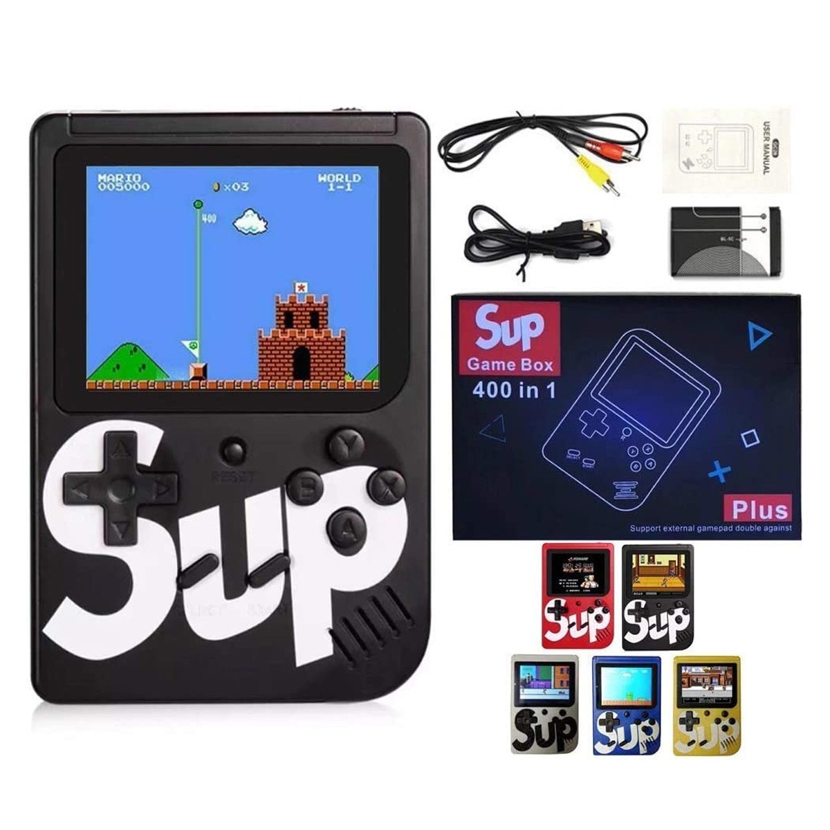 Consola portabila cu 400 jocuri clasice (Mario, Pac-Mac, Contra, etc), portabila ANGMAD, display 2.8 inch, baterie 1050mAh, conectare TV, culoare: galben, varsta min. recomandata 3ani+
