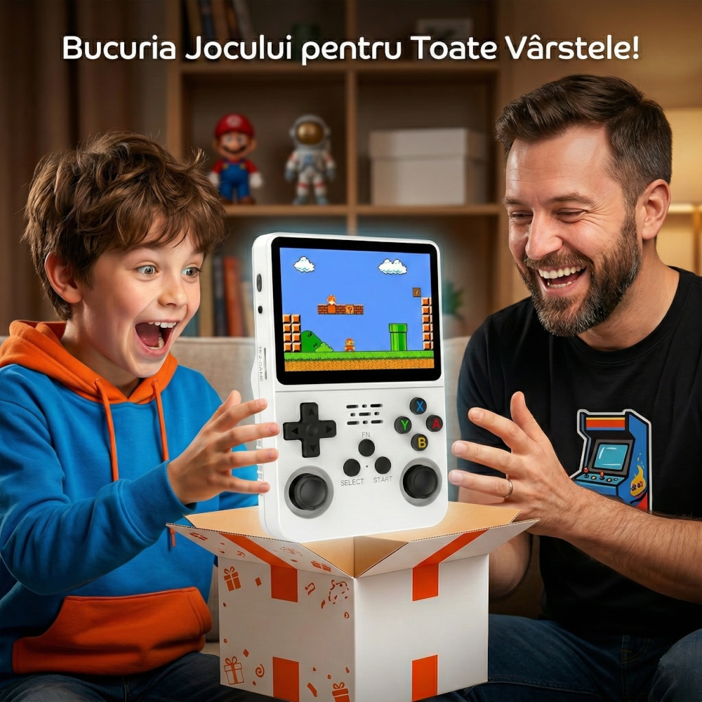 Consola retro portabila R36S 64GB cu jocuri, quad core Cortex-A53 1.5GHz, 1GB DDR3, IPS LCD 3.5" 640x480, 3200 mAh, alb