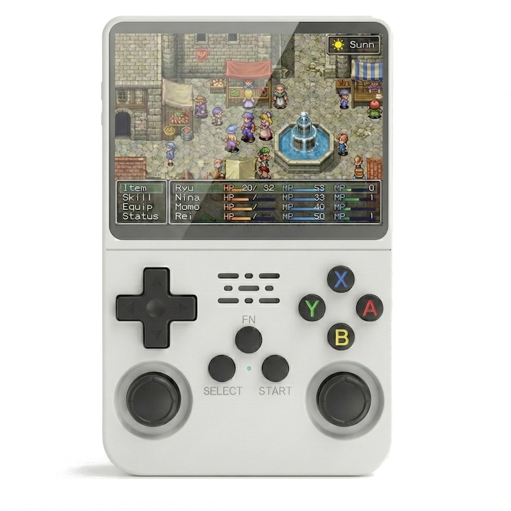 Consola retro portabila R36S 64GB cu jocuri, quad core Cortex-A53 1.5GHz, 1GB DDR3, IPS LCD 3.5" 640x480, 3200 mAh, alb