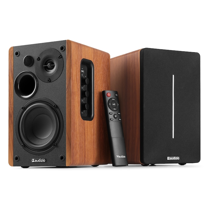Set 2 boxe active Hi-Fi de raft, 4", 60W RMS, Bluetooth/USB, maro lemn, Audizio KS01B