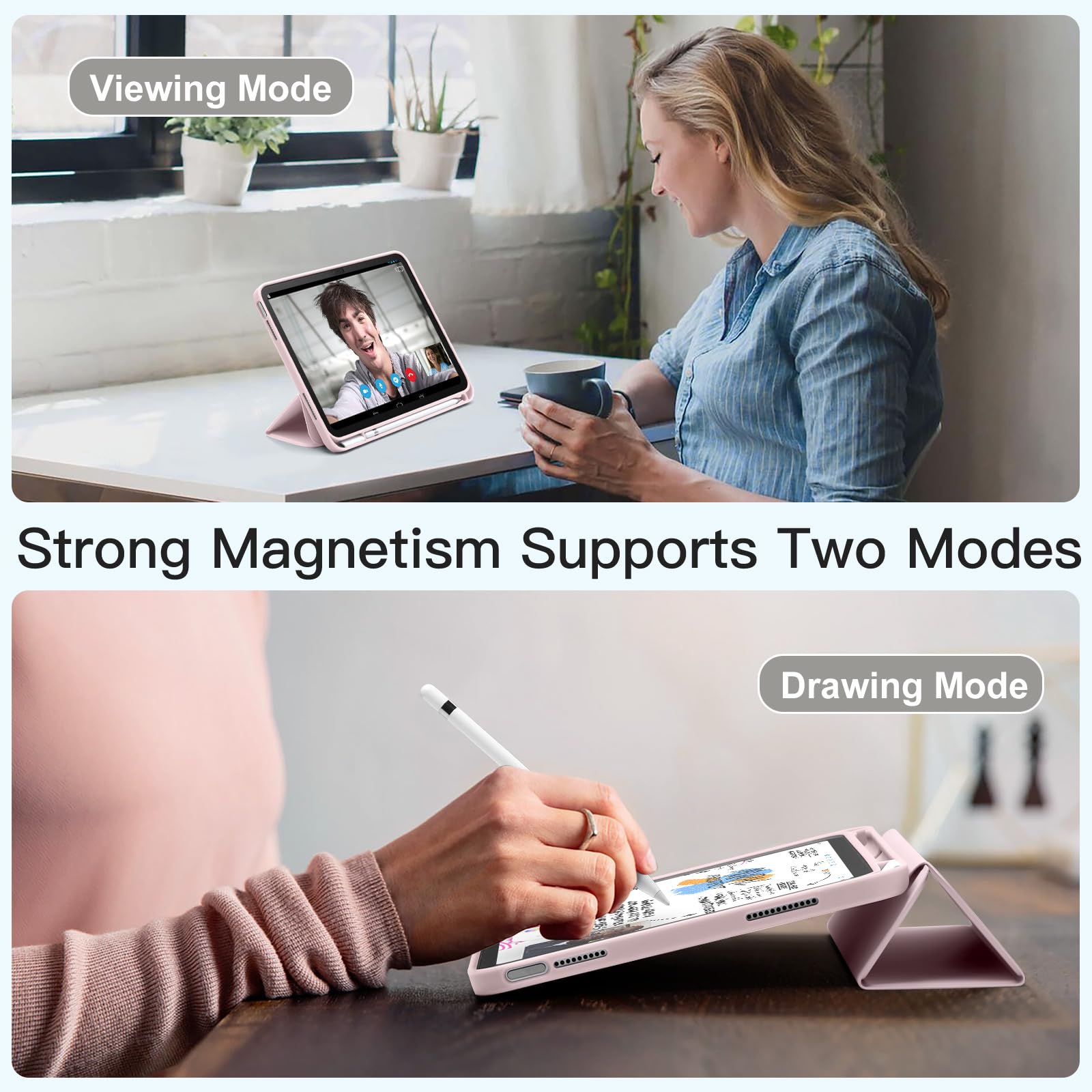 Husa tableta pentru iPad 11th gen 11-inch 2025 si iPad 10th gen 10.9-inch 2022, compartiment pentru Apple Pencil, design tri-fold, PU, TPU, ZYciyci®, roz
