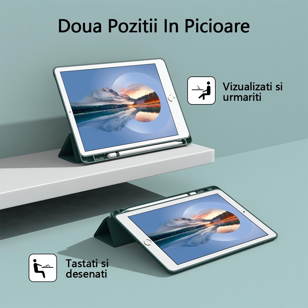 Husa tableta, Compatibila Apple iPad 7/8/9 10.2", 2019 2020 2021 Husa suport pentru creion, REDKID®, Green Tea