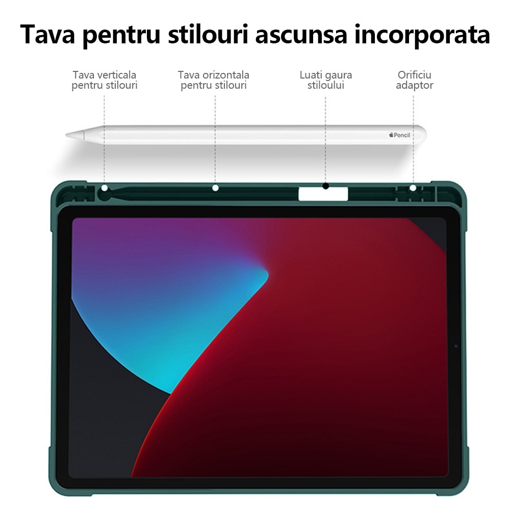 Husa tableta, Compatibila Apple iPad 7/8/9 10.2", 2019 2020 2021 Husa suport pentru creion, REDKID®, Green Tea