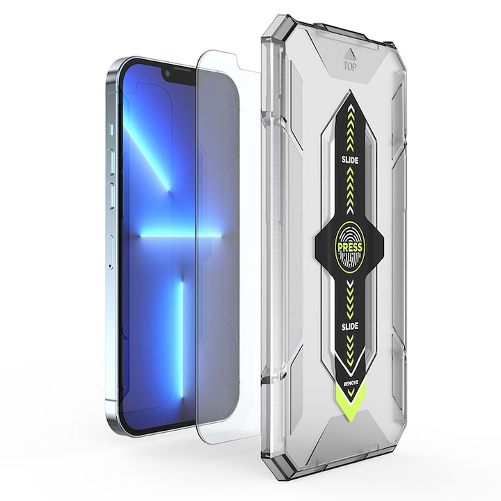 Folie de protectie din sticla premium pentru iPhone 16e/14/13/13pro, acoperire a intregului ecran, instalare usoara si rapida cu dispozitiv de potrivire automata, ZYuuan, transparent