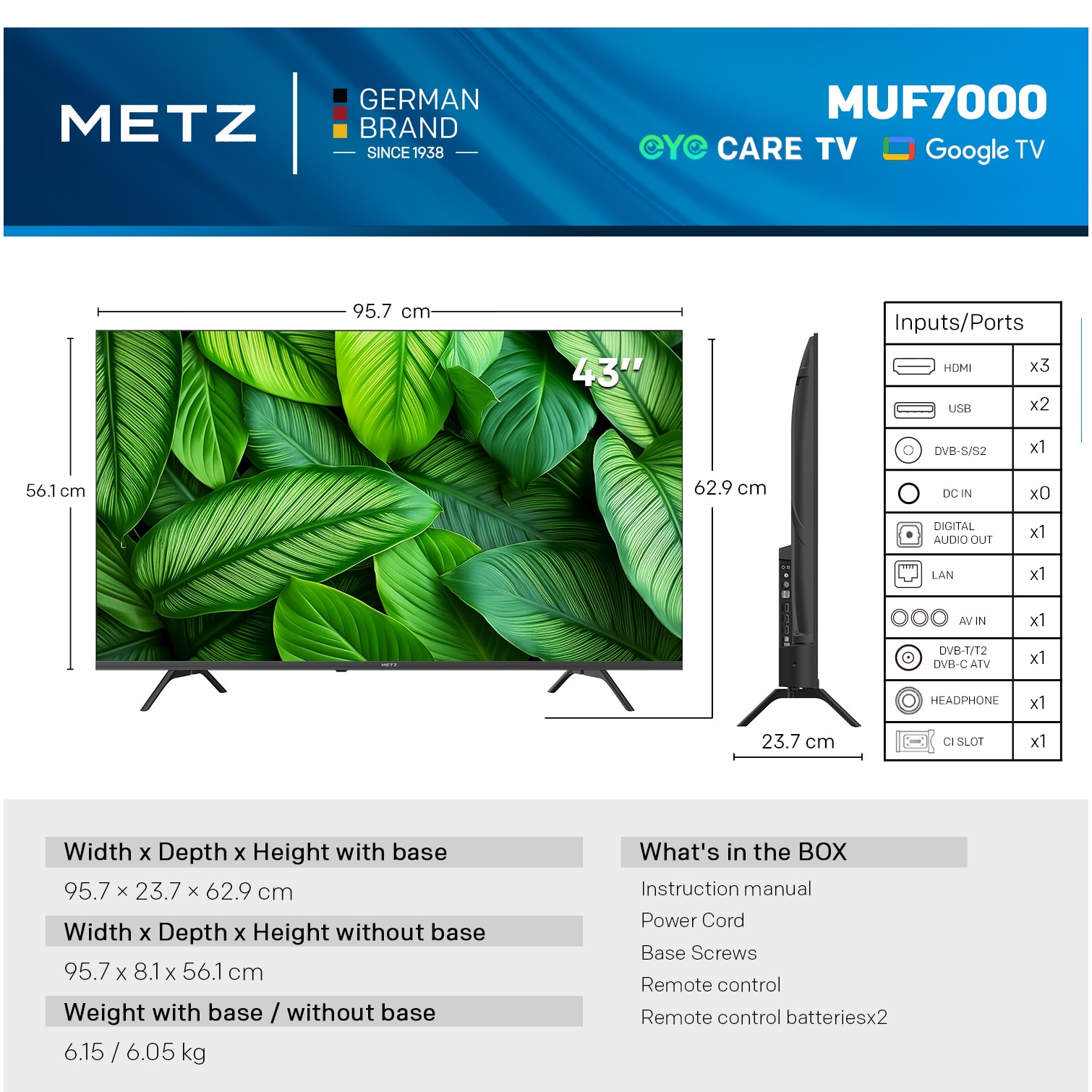 Televizor METZ LED 43MUF7000Z, 109 cm, Smart Google TV, 4K Ultra HD, Clasa F (Model 2025)