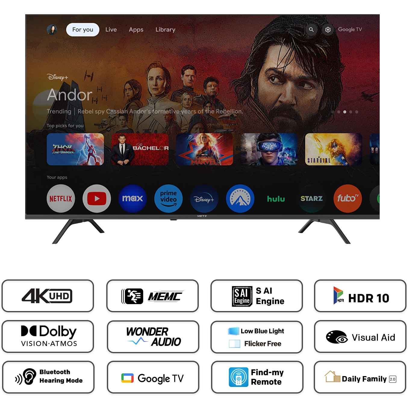 Televizor METZ LED 43MUF7000Z, 109 cm, Smart Google TV, 4K Ultra HD, Clasa F (Model 2025)