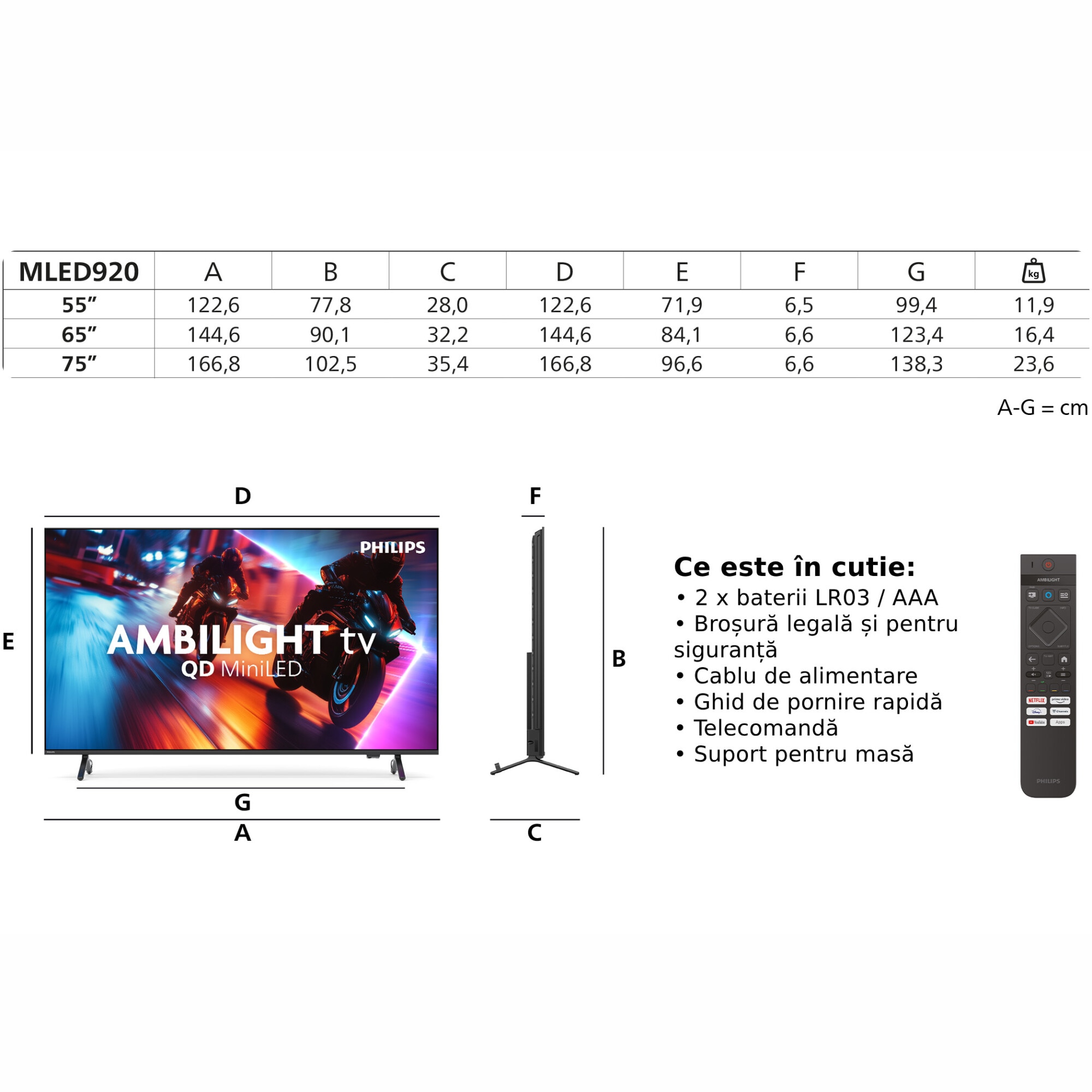 Televizor Philips AMBILIGHT tv QD-MiniLED 55MLED920, 139 cm, Smart TV, 4K Ultra HD, 100 Hz, Clasa F (Model 2025)