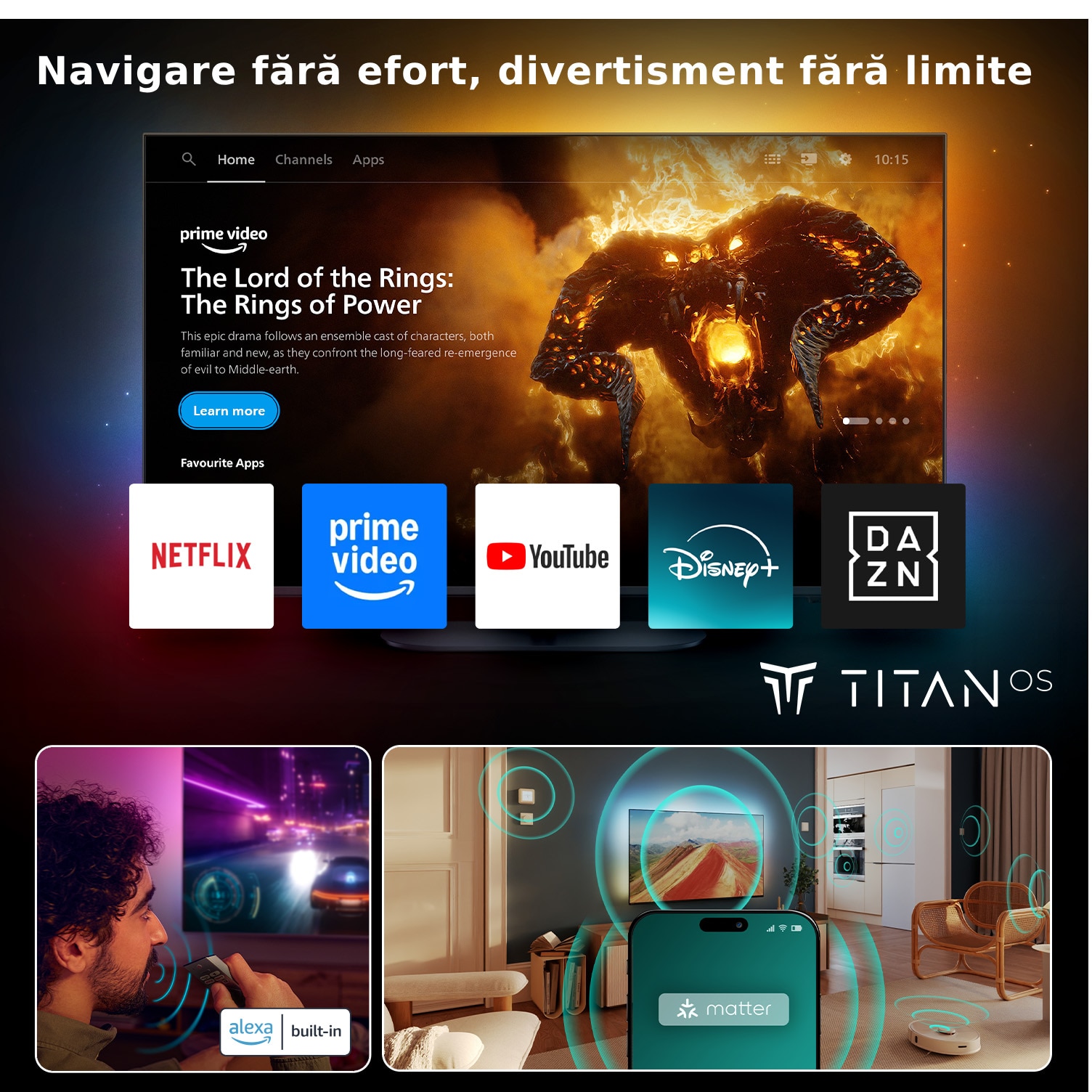 Televizor Philips AMBILIGHT tv QD-MiniLED 55MLED920, 139 cm, Smart TV, 4K Ultra HD, 100 Hz, Clasa F (Model 2025)