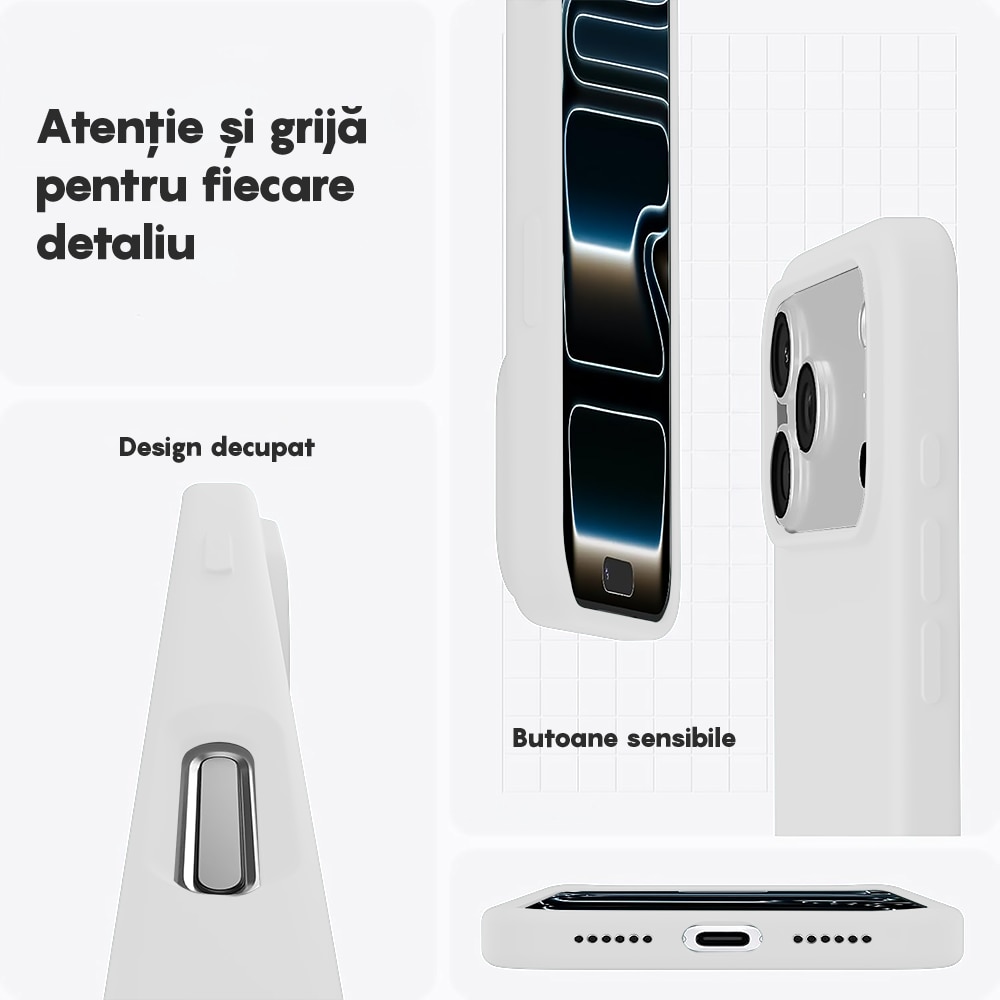 Husa CASEY STUDIOS™ pentru Apple iPhone 17 Pro, Soft Silicone Premium, Microfibra in Interior, de Protectie, Ultra Slim, pentru Incarcare Wireless, Margini Ridicate pentru Protectia Ecranului si a Camerelor, Alb
