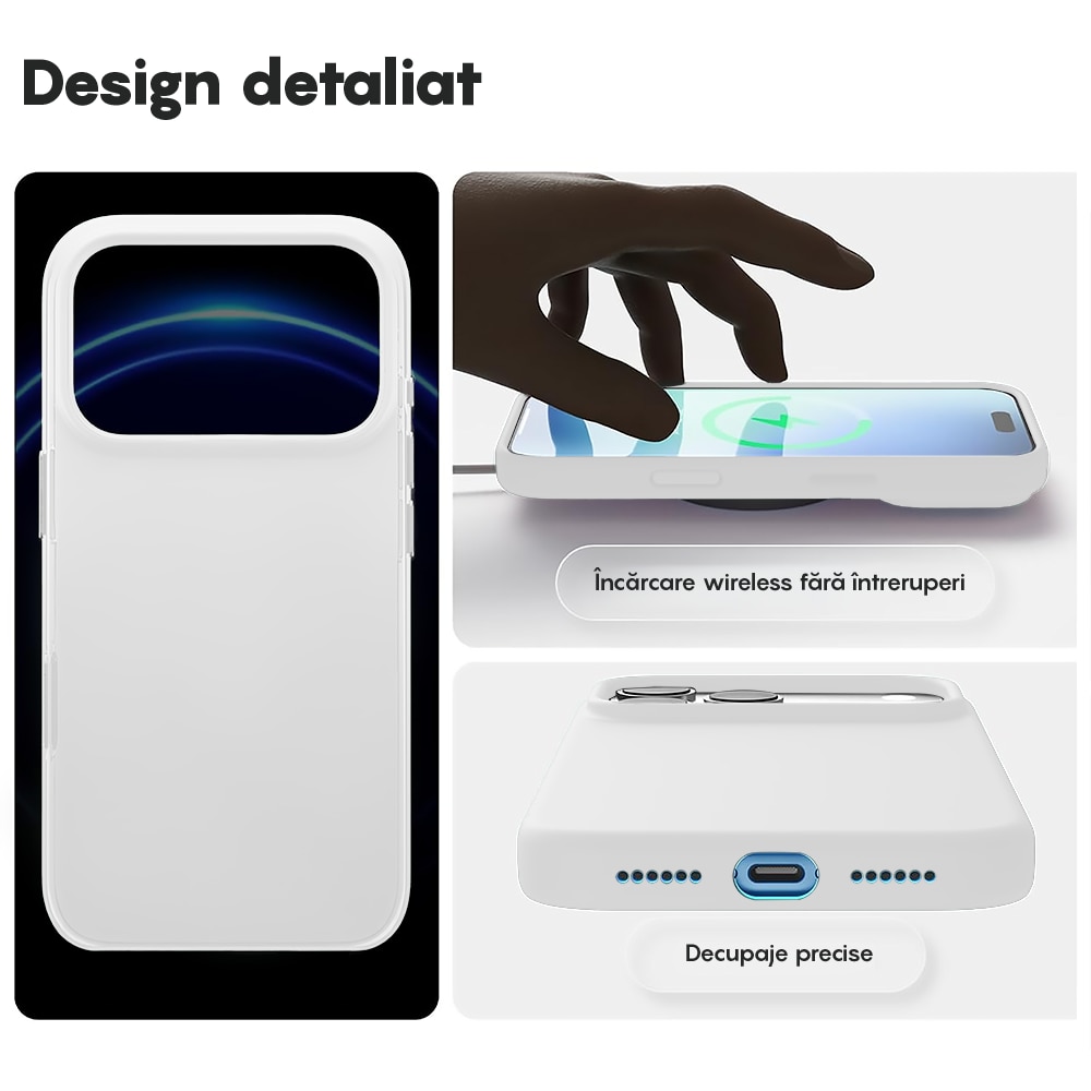 Husa CASEY STUDIOS™ pentru Apple iPhone 17 Pro, Soft Silicone Premium, Microfibra in Interior, de Protectie, Ultra Slim, pentru Incarcare Wireless, Margini Ridicate pentru Protectia Ecranului si a Camerelor, Alb