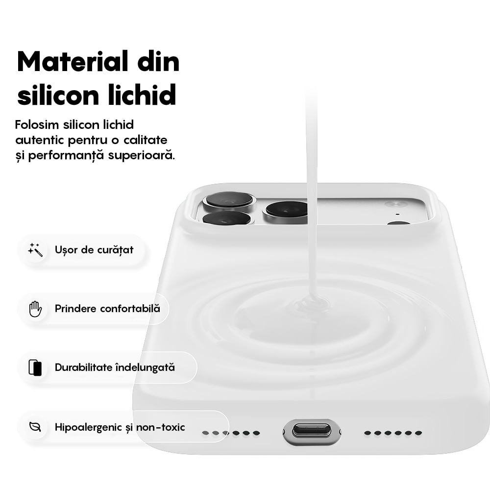 Husa CASEY STUDIOS™ pentru Apple iPhone 17 Pro, Soft Silicone Premium, Microfibra in Interior, de Protectie, Ultra Slim, pentru Incarcare Wireless, Margini Ridicate pentru Protectia Ecranului si a Camerelor, Alb