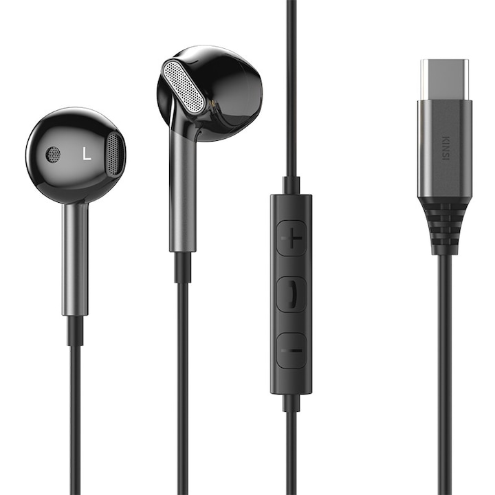 Casti cu Fir Type-C, KINSI, In-ear, Confortabil de purtat, 1.2 m, negru