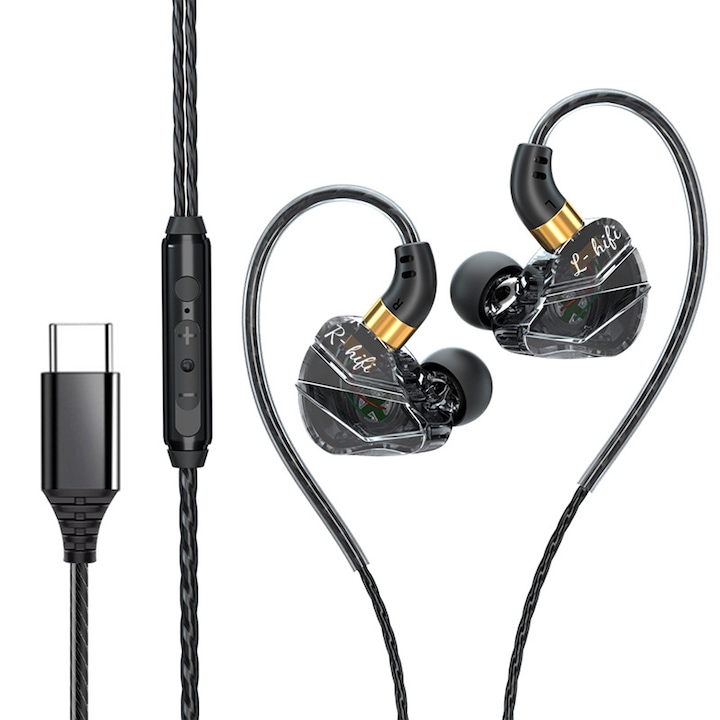 Casti In-Ear Cu Fir, Zggzerg, Type-C, Reducerea zgomotului, Cu bass puternic si control al firului, Telecomanda pentru apeluri/volum, Microfon incorporabil, Compatibile pentru PC, telefon, laptop, TPE, 1.2 m, Negru