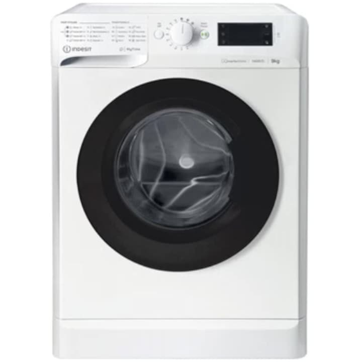 Masina de spalat rufe Indesit New MyTime MTWE91495WKEE, 9 kg, 1400 rpm, Clasa B, Motor Inverter, Fast Cycles, Display Digital, Alb/Negru