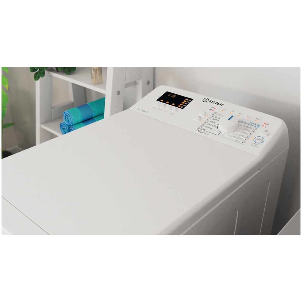 Masina de spalat rufe cu incarcare verticala Indesit BTWS72200EU/N, 7 kg, 1200 rpm, Clasa E, Turn&Go, Display digital, Alb