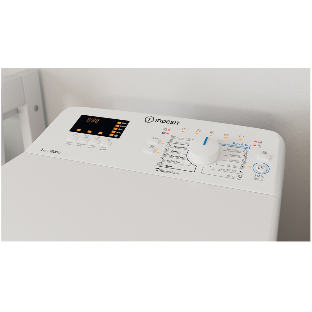 Masina de spalat rufe cu incarcare verticala Indesit BTWS72200EU/N, 7 kg, 1200 rpm, Clasa E, Turn&Go, Display digital, Alb