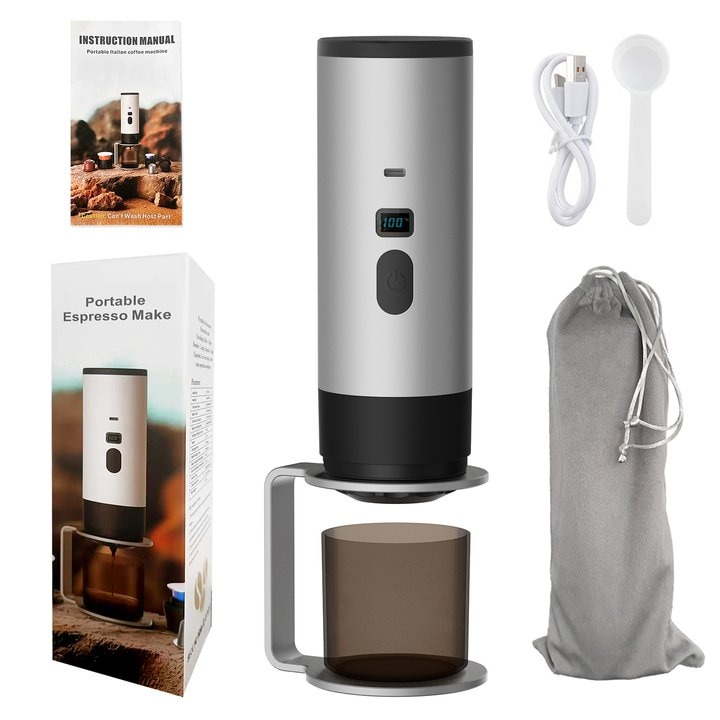 Cafetieră electrică portabilă, automat, gri, 3-in-1, 90 ml, 120 ml