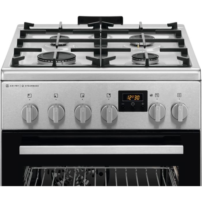 Aragaz AEG CKB56490BM, Mixt, 4 arzatoare , Siguranta plita, Aprindere integrata, Gratare fonta, Cuptor electric, SteamBake, AirFry, Timer, Grill electric, Clasa A, 50 cm, Inox