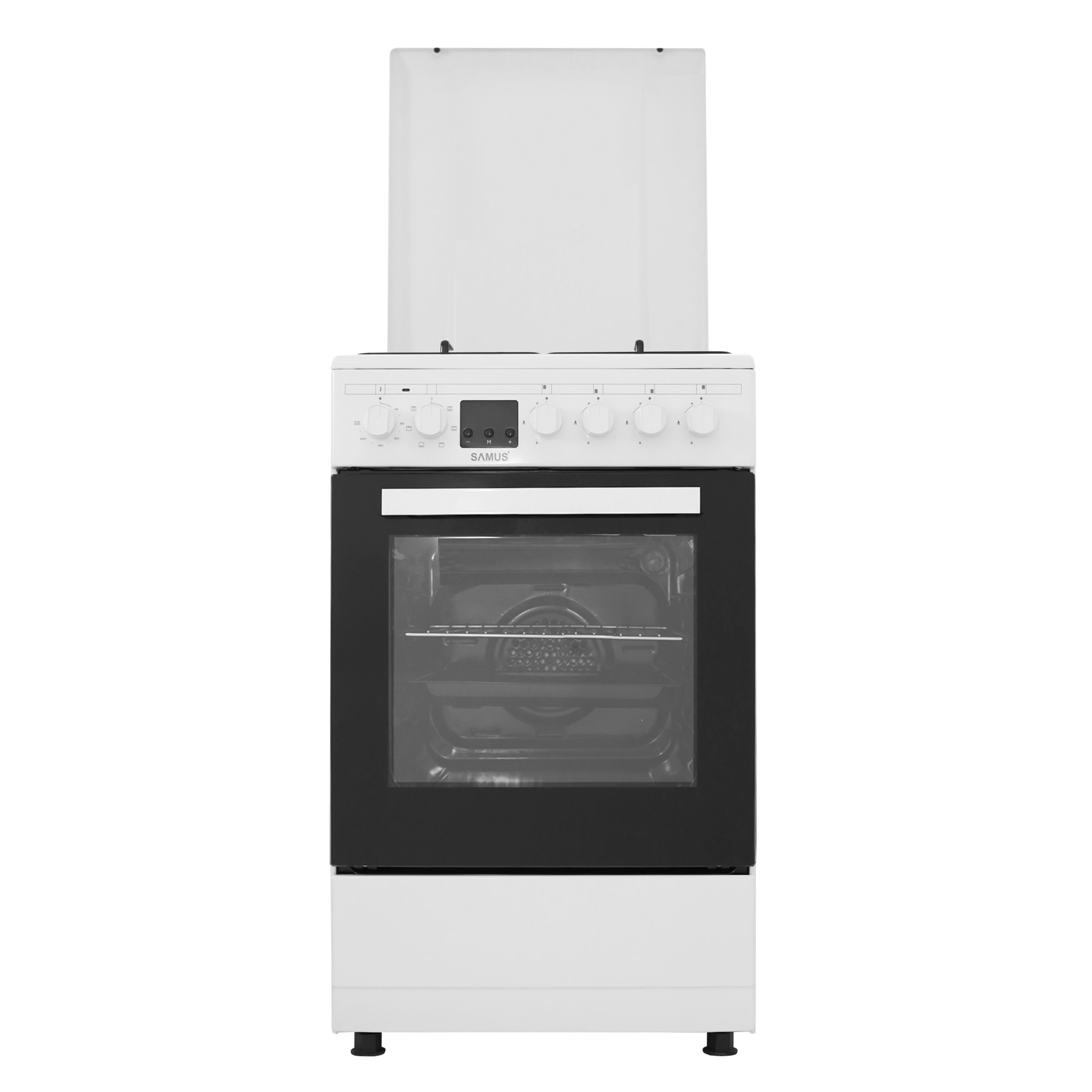 Aragaz Samus SM563AENS, 4 Arzatoare Gaz, Cuptor electric, 43 L, 7 Functii, Timer, Alb