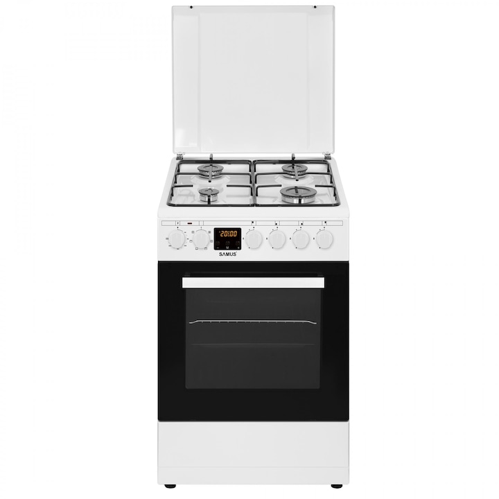 Aragaz Samus SM563AENS, 4 Arzatoare Gaz, Cuptor electric, 43 L, 7 Functii, Timer, Alb