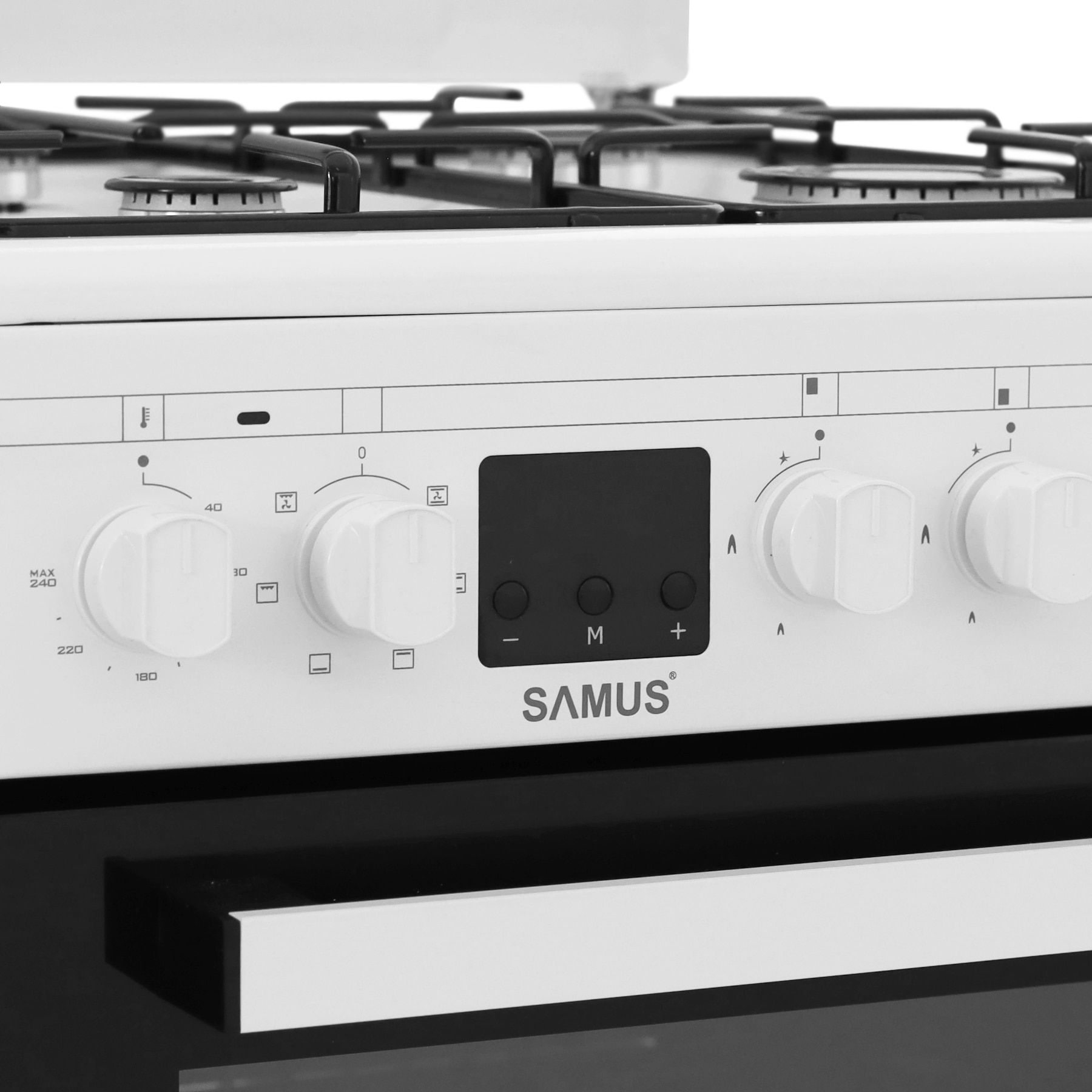 Aragaz Samus SM563AENS, 4 Arzatoare Gaz, Cuptor electric, 43 L, 7 Functii, Timer, Alb