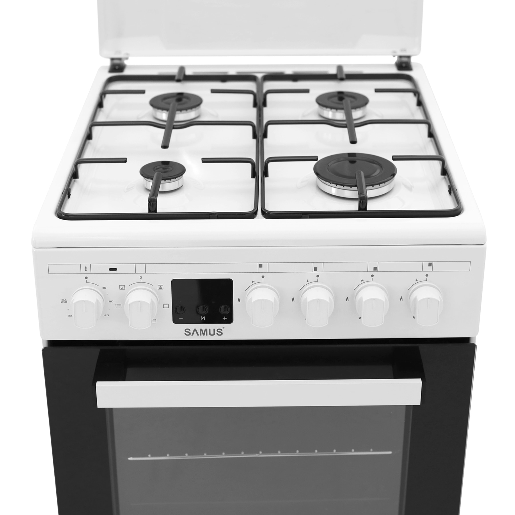 Aragaz Samus SM563AENS, 4 Arzatoare Gaz, Cuptor electric, 43 L, 7 Functii, Timer, Alb